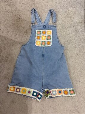 Tractr Light Blue Denim Crochet Accent Short Overalls